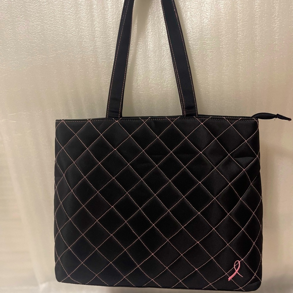 🎀 Black & Pink Quilted Tote Bag – Breast Cancer Awareness Ribbon Purse 👛